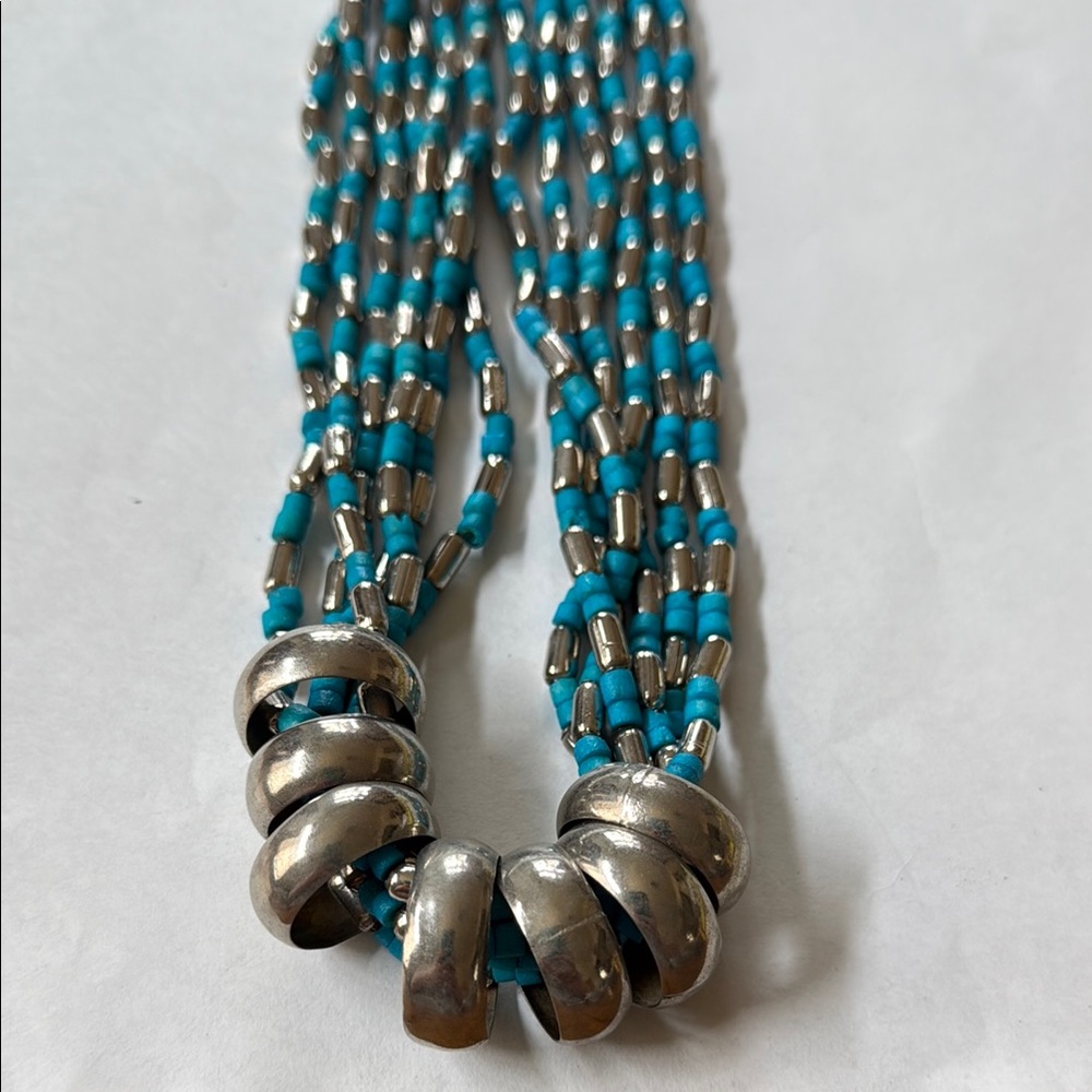 Vintage Silver and Blue Stone Beaded Native American Necklace Unsigned